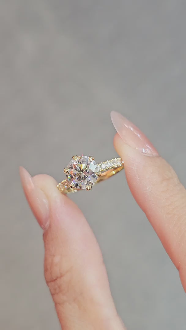 Six Prong Round Lab Grown Diamond Pavé Solitaire Engagement Ring | IGI Certified