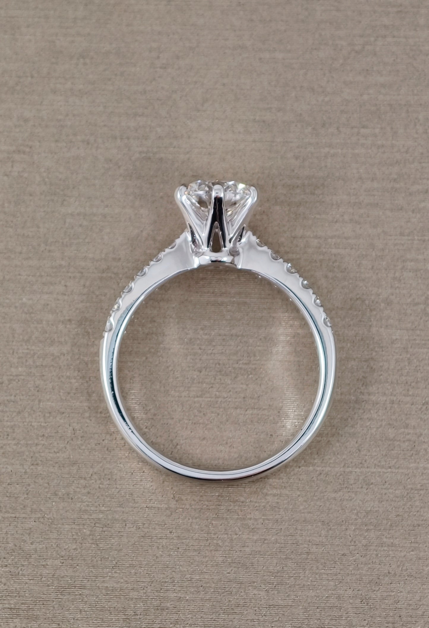 Six prong lab grown diamond ring with pave setting