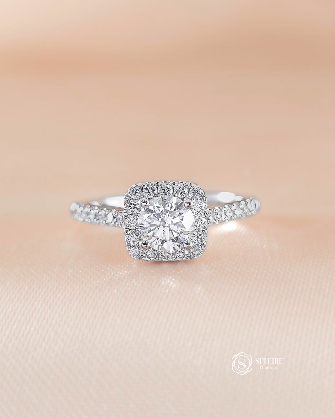 Sephera Round Brilliant Lab Grown Diamond Cushion Halo Pavé Engagement Ring with IGI Certified center diamond by Sphere Diamond Bangkok Thailand