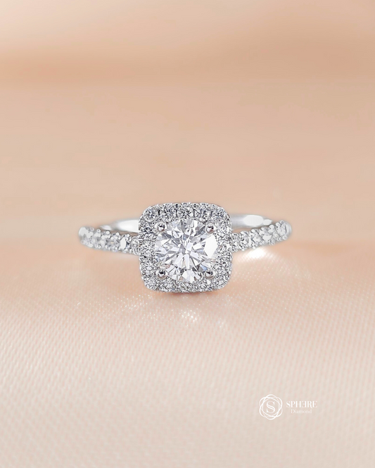 Sephera Round Brilliant Lab Grown Diamond Cushion Halo Pavé Engagement Ring with IGI Certified center diamond by Sphere Diamond Bangkok Thailand