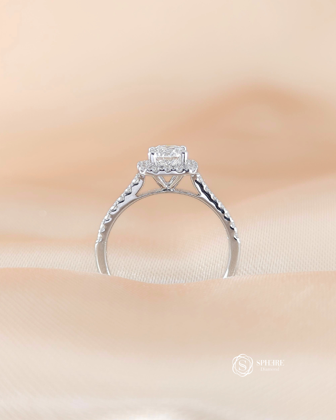 Side view of Sephera Round Brilliant Lab Grown Diamond Cushion Halo Pavé Engagement Ring handcrafted in 18K White Gold