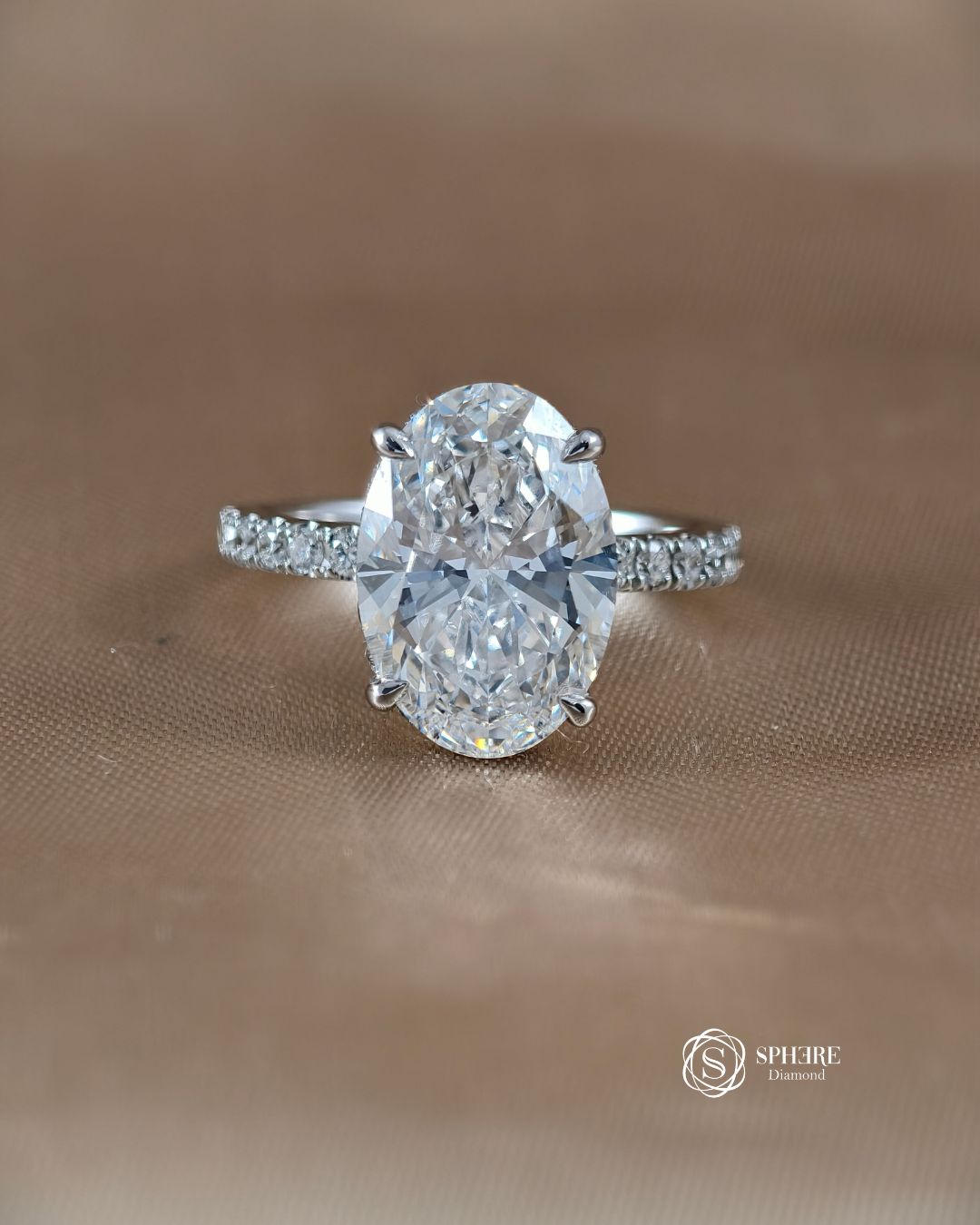 Signature Eiffel Love Oval Lab Grown Diamond Engagement Ring by Sphere Diamond Bangkok featuring an IGI Certified oval diamond in an elegant pavé band 18K white gold setting.