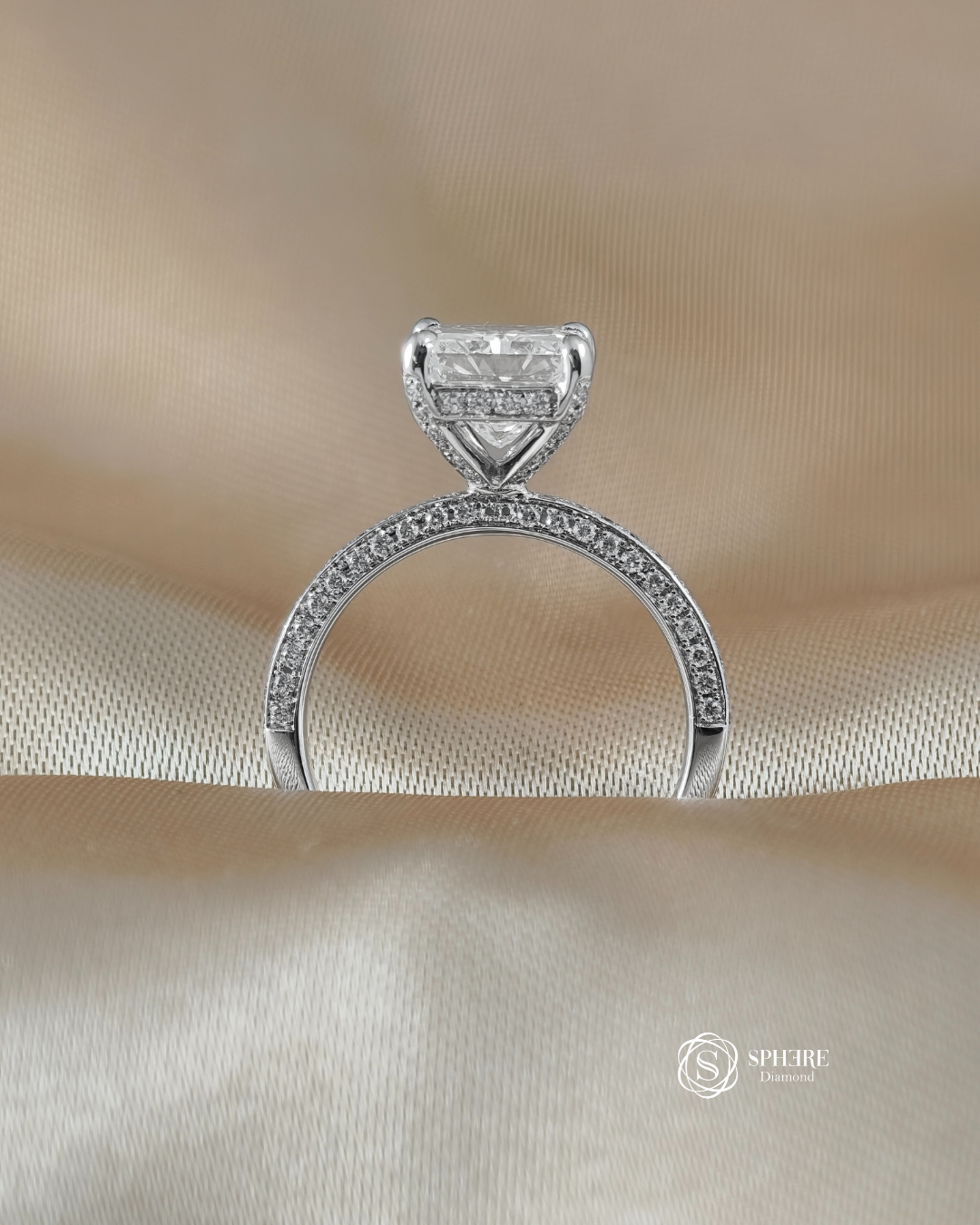 Radiant Lab Grown Diamond engagement ring with elegant hidden basket setting | Sphere Diamond
