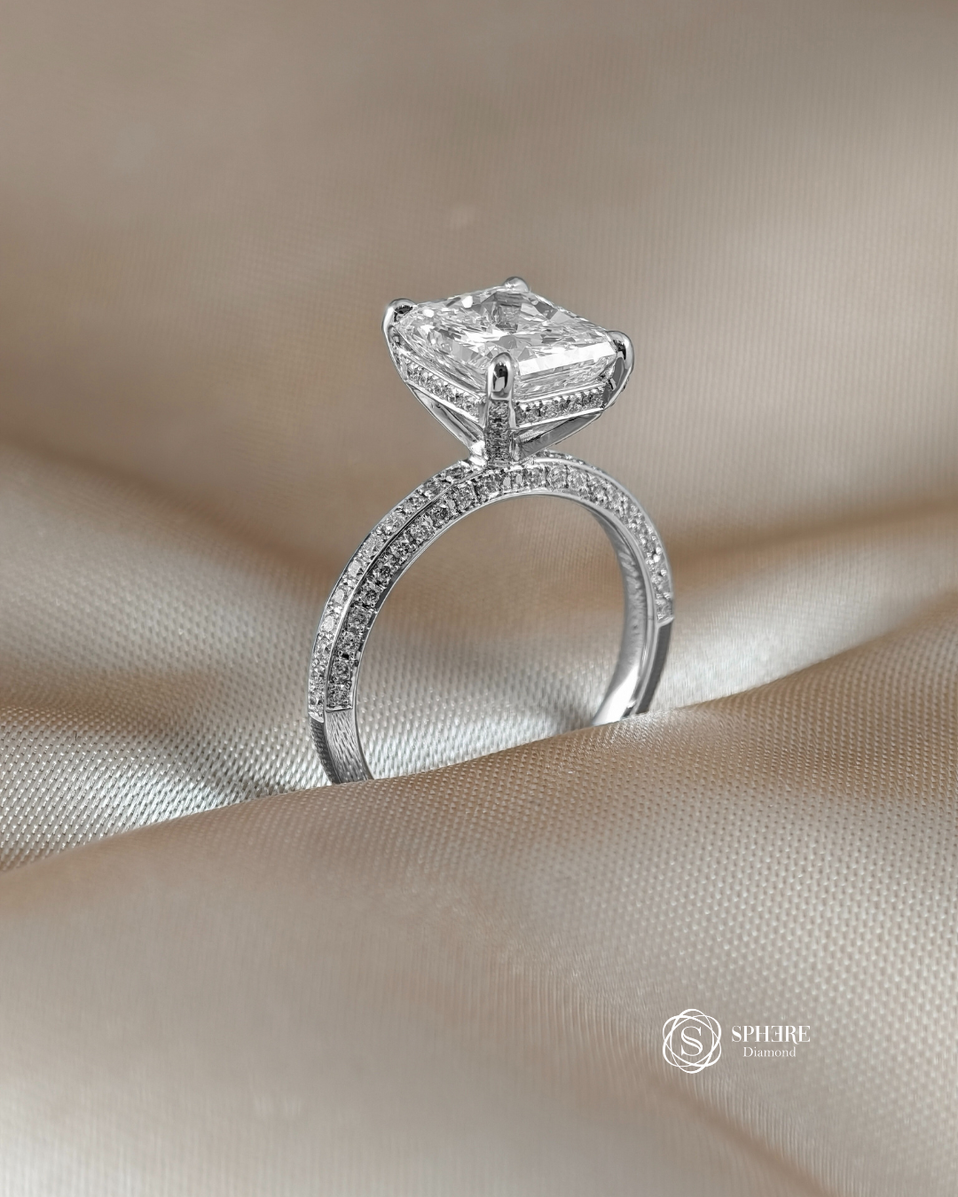 Three-quarter view of Radiant Lab Grown Diamond Three-Sided Pavé Ring | IGI Certified