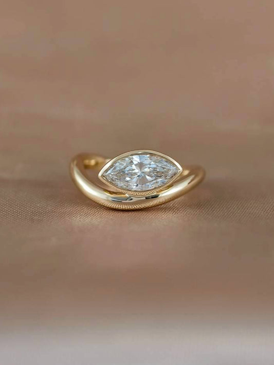 Signature Luna East-West marquise lab grown diamond bezel engagement ring with IGI certified diamond by Sphere Diamond Bangkok
