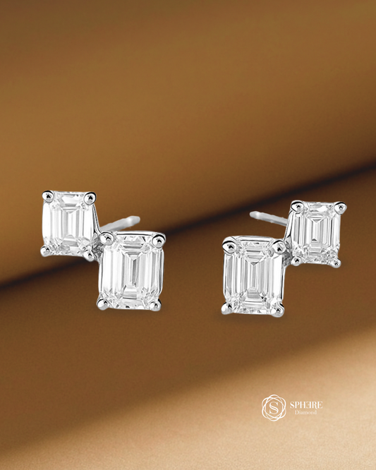 Stella Toi et Moi Emerald Lab Grown Diamond Stud Earrings with IGI Certified Emerald Cut diamonds in 18K gold by Sphere Diamond Bangkok