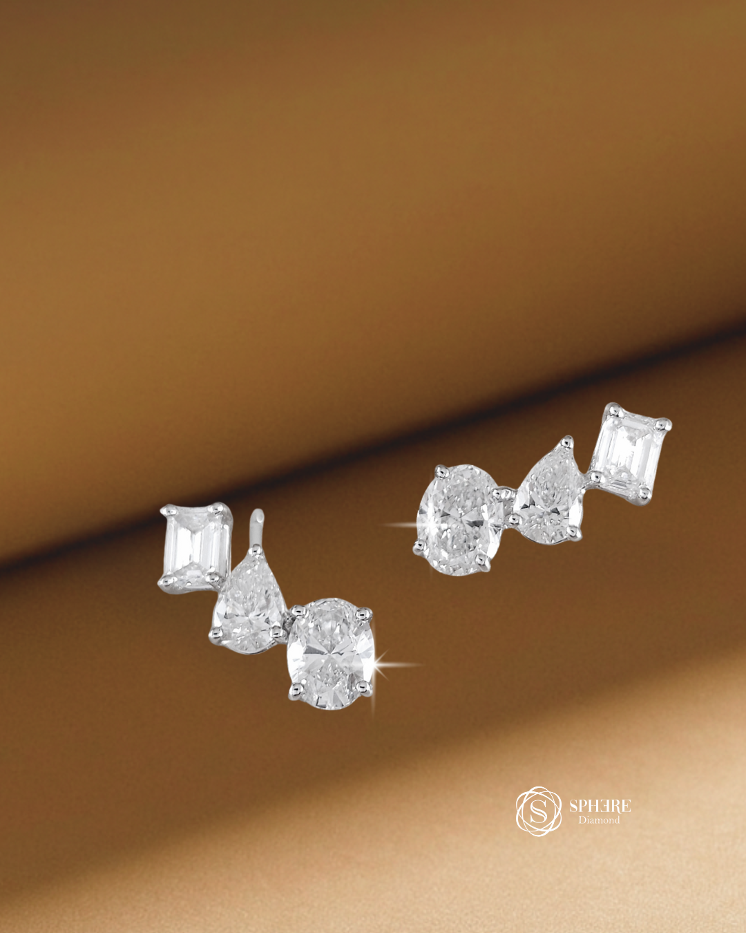Trinity Emerald, Pear & Oval Lab Grown Diamond Climber Stud Earrings with IGI Certified diamonds by Sphere Diamond Bangkok Thailand