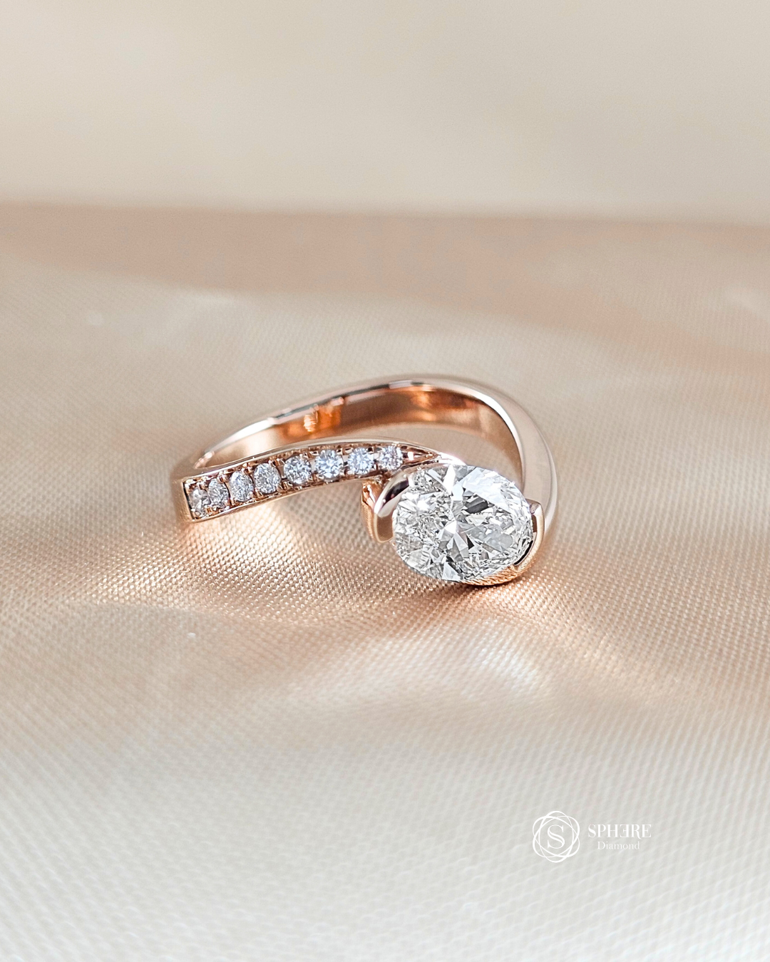 Aurora Oval Curve Half Pavé Lab Grown Diamond Engagement Ring in 18K Rose Gold with IGI Certified Oval Diamond by Sphere Diamond Bangkok Thailand