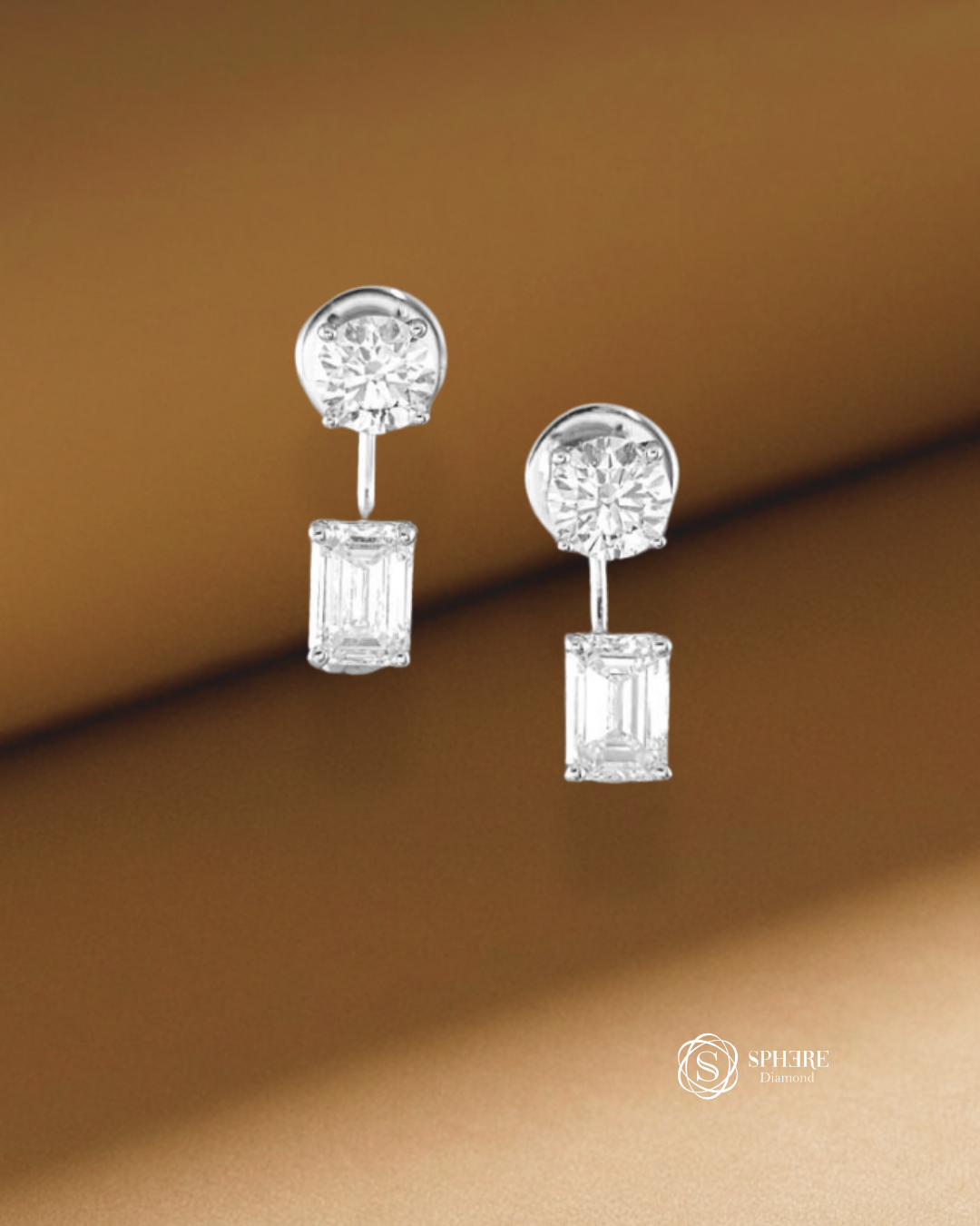 Round and Emerald lab grown diamond convertible drop earrings in Bangkok by Sphere Diamond