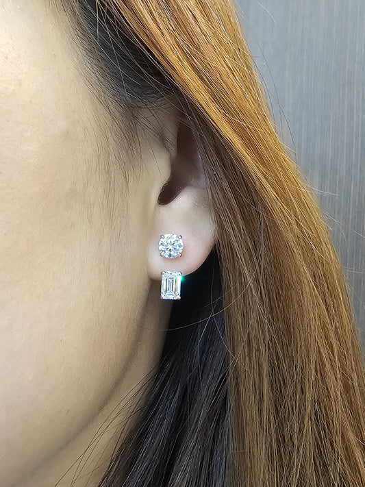 Model wearing Round and Emerald lab grown diamond convertible drop earrings by Sphere Diamond Bangkok