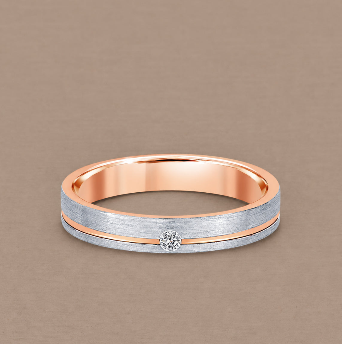 Flat Duo Rose 1 Diamond two-tone women's Lab Grown Diamond wedding ring with brushed finish by Sphere Diamond Bangkok